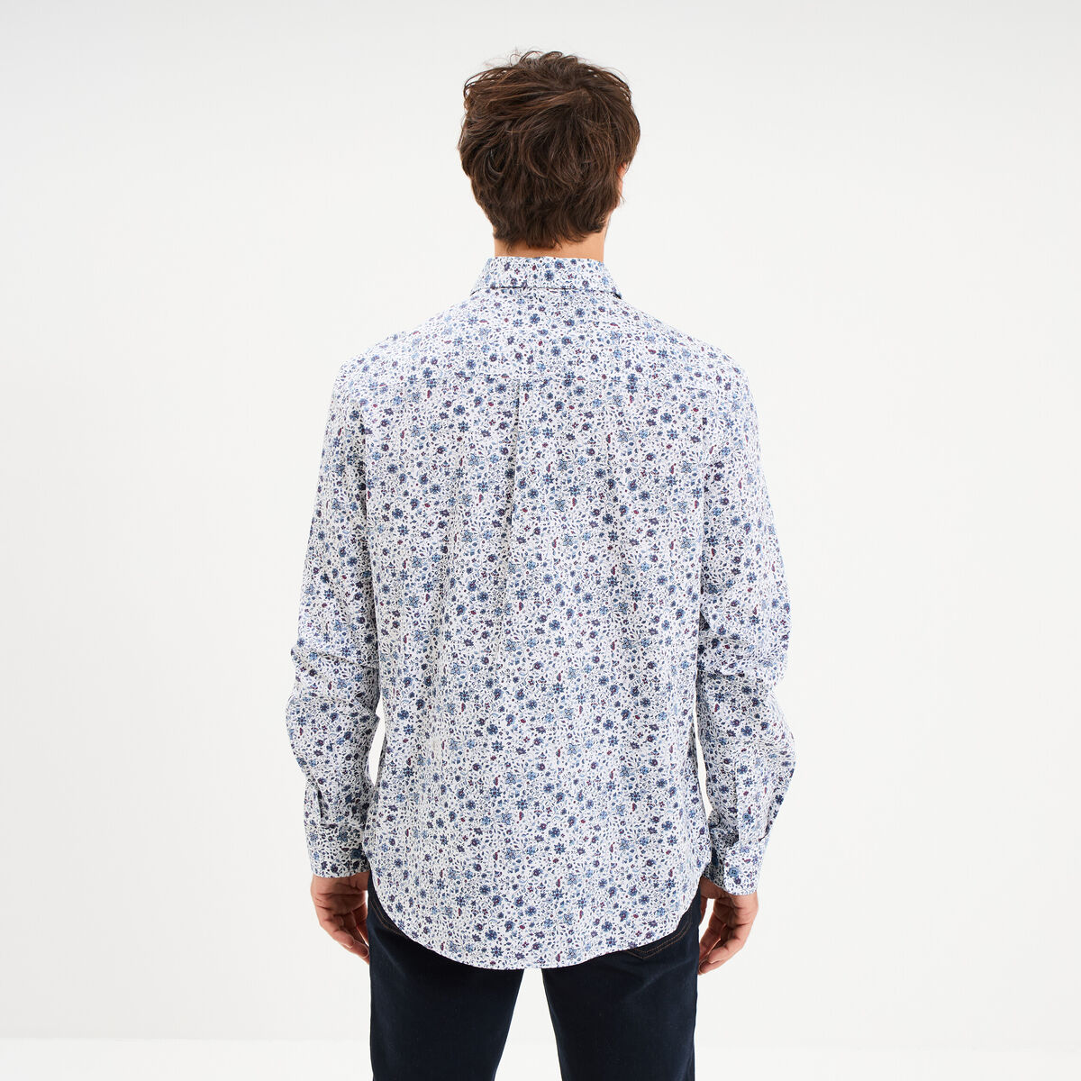 Chemise droite imprim&eacute;e manches longues bleu gris homme