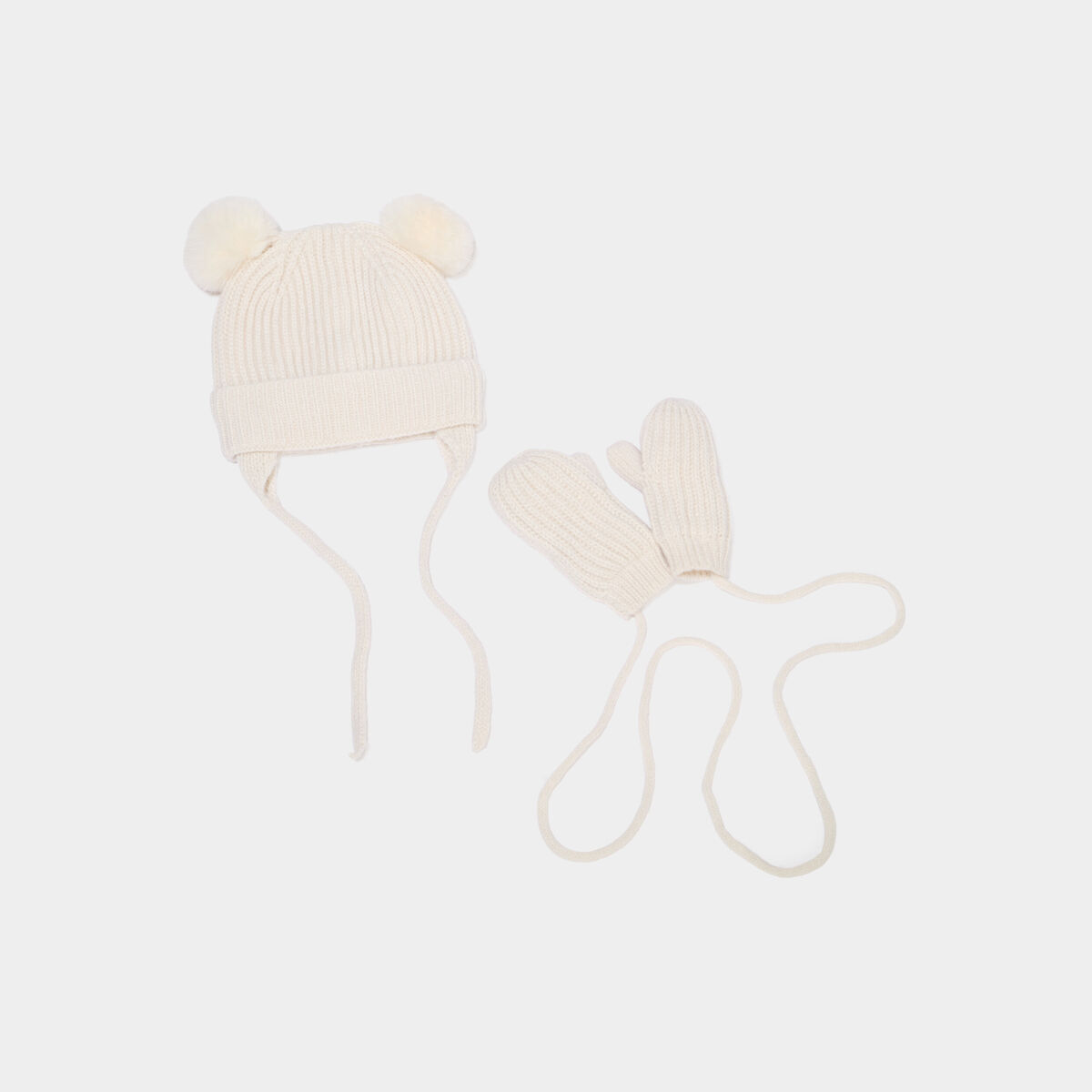 Ensemble bonnet et mouffles avec cordon ivoire mixte