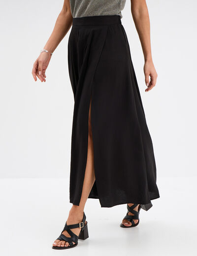 Jupe longue fendue évasée plis creux noir femme