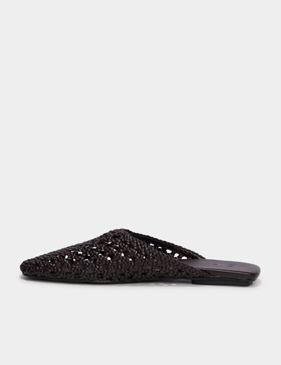 Mules plates carr&eacute;es effet tress&eacute; marron femme