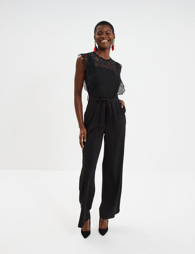 Combinaison pantalon d&eacute;tails dentelle noir femme
