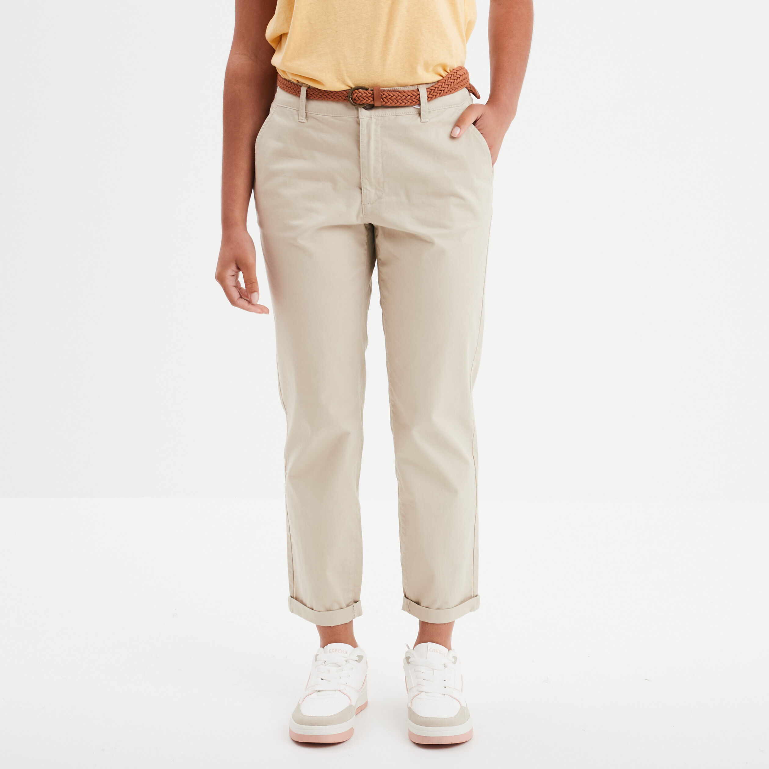 Pantalon chino 7/8ème ceinture tressée beige femme LH