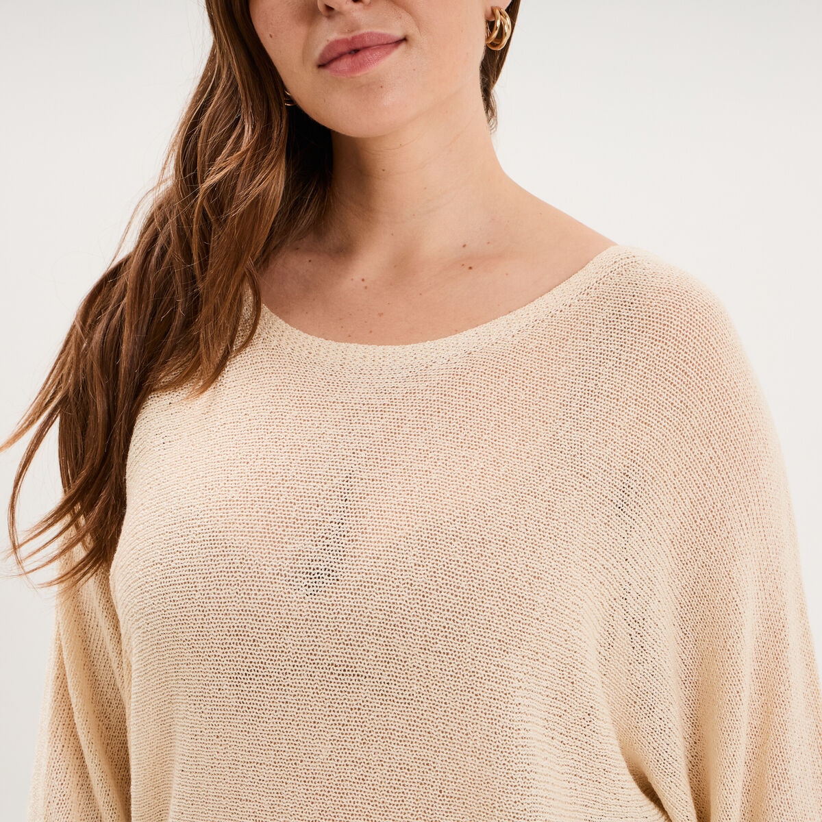 Pull manches longues col rond beige femme grande taille