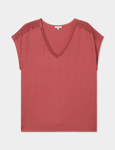 T-shirt bandes dentelle col en V vieux rose femme grande taille