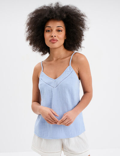 Haut de pyjama débardeur gaze de coton bleu ciel femme