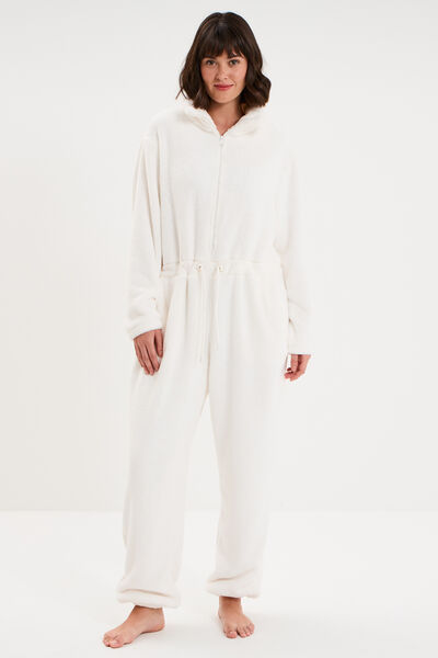 Combinaison polaire zipp&eacute;e &agrave; capuche blanc femme