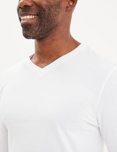 T-shirt col en V manches longues coton blanc homme