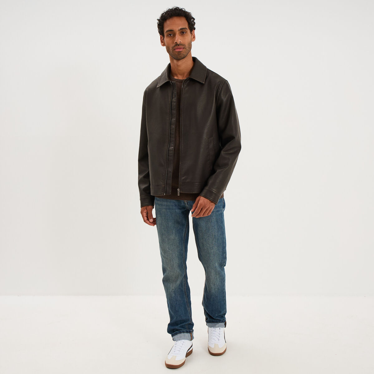 Pull droit col rond coton m&eacute;lang&eacute; marron chocolat homme