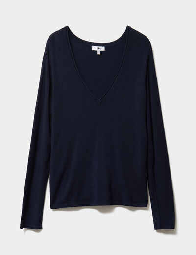 Pull ajusté avec col en V bleu marine femme