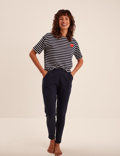 Ensemble pyjama pantalon 2 pièces coton bleu marine femme
