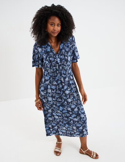 Robe longue empire taille smock&eacute;e bleu marine femme