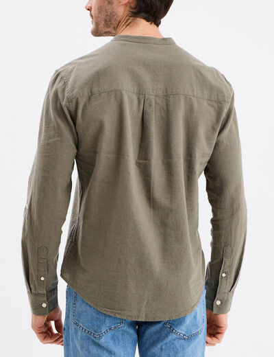 Chemise col mao lin mélangé vert kaki homme