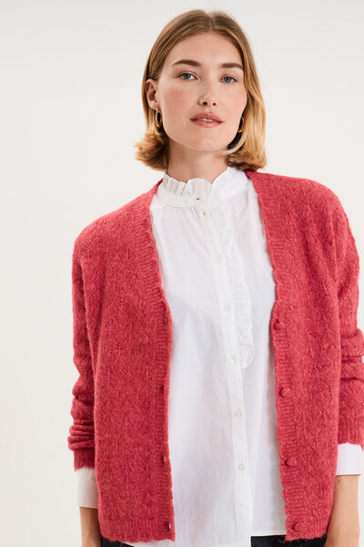 Gilet cardigan ajour&eacute; manches longues rose cerise femme