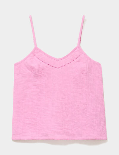 Haut de pyjama d&eacute;bardeur gaze de coton rose femme