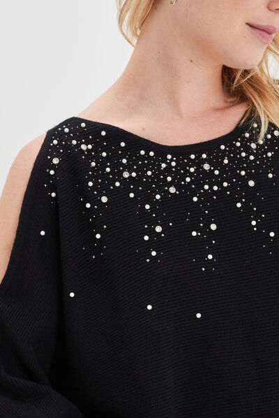 Pull perles et strass au col noir femme