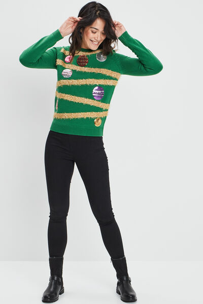 Pull de Noël avec sequins vert femme