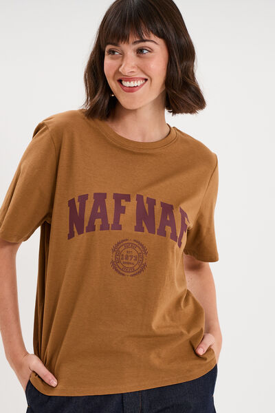 T-shirt col rond manches courtes print marron clair femme
