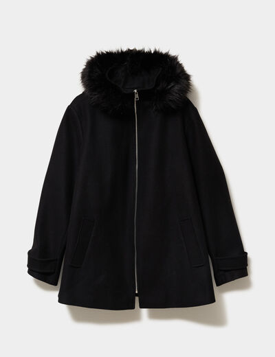 Manteau zipp&eacute; &agrave; capuche fausse fourrure noir femme grande taille
