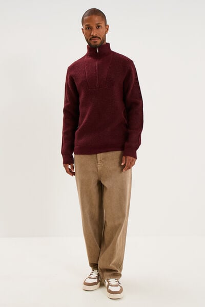 Pull avec col camionneur c&ocirc;tel&eacute; prune homme