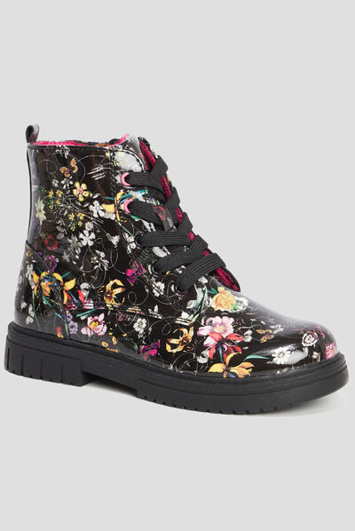 Bottines vernies crantées motif fleurs noir fille