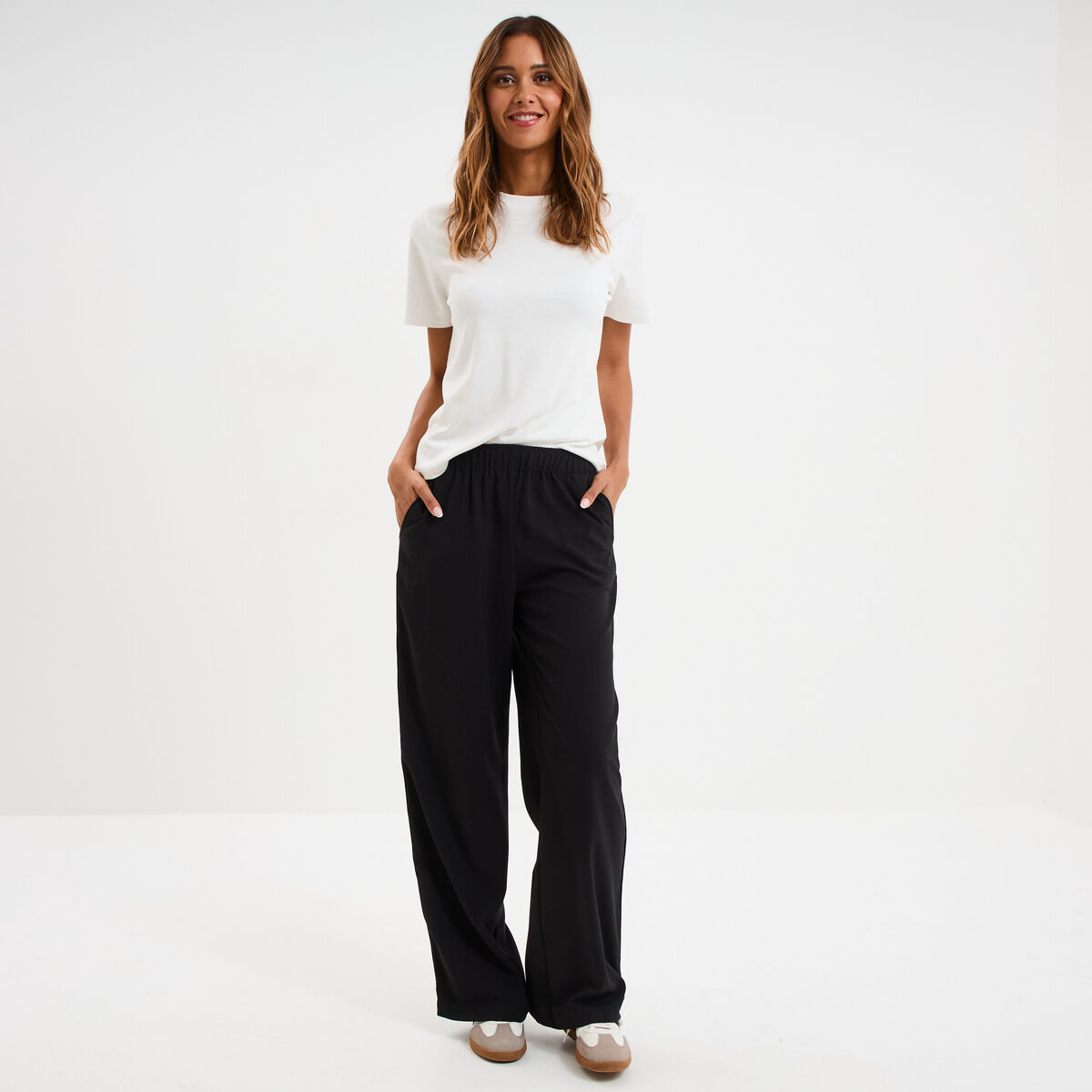 Pantalon fluide élastiqué avec bandes noir femme