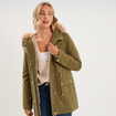 Parka cintr&eacute;e capuche fausse fourrure vert kaki femme