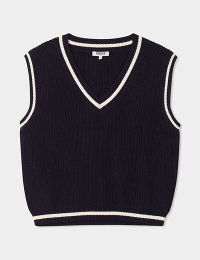 Pull sans manches col en V Creeks bleu marine femme