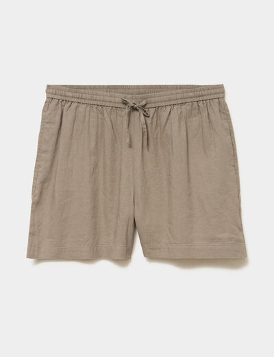 Short taille &eacute;lastiqu&eacute;e lin m&eacute;lang&eacute; vert kaki femme grande taille