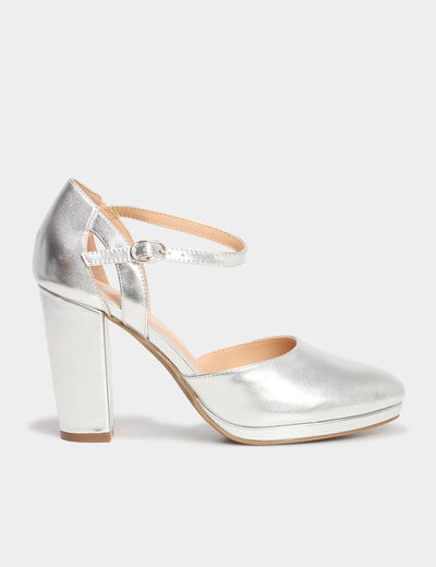 Escarpins talon carré gris argent femme