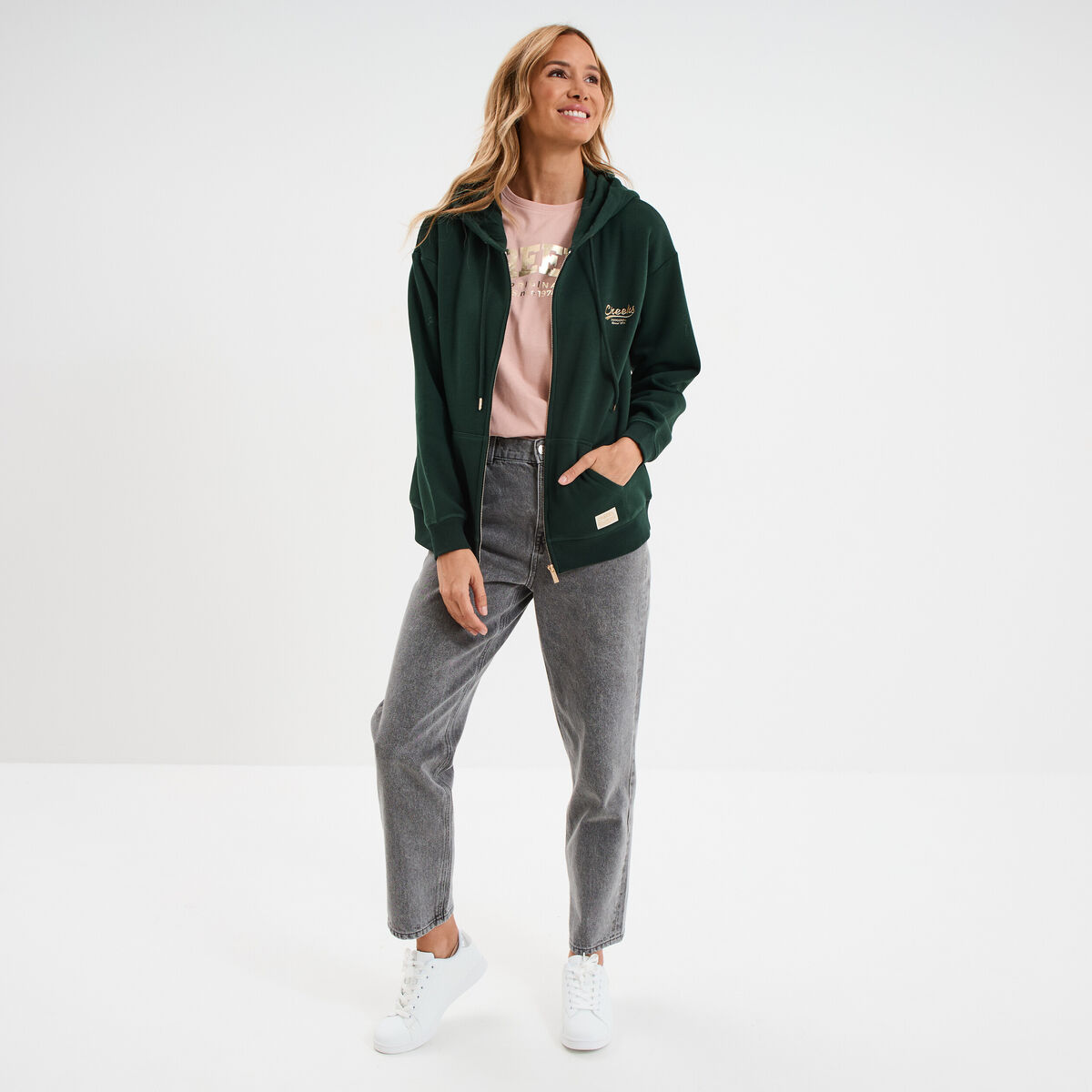 Sweat zipp&eacute; &agrave; capuche vert fonc&eacute; femme