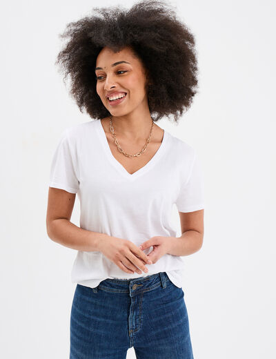 T-shirt manches courtes col en V coton blanc femme