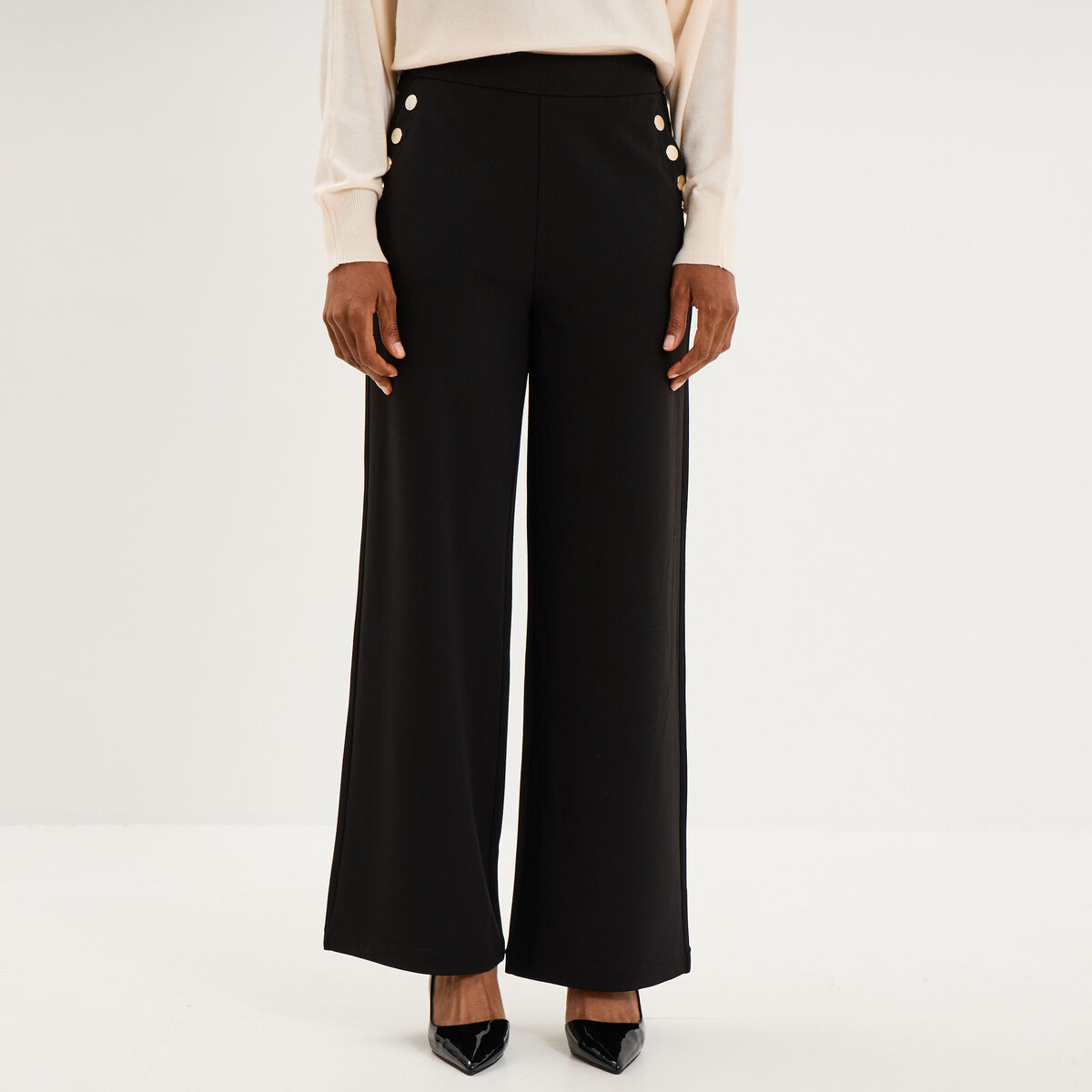 Pantalon &agrave; ponts flare effet cr&ecirc;pe noir femme