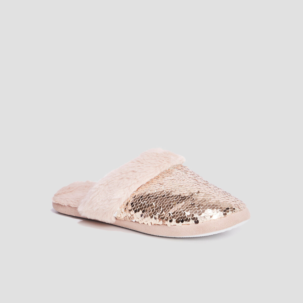 Chaussons mules sequins et fourrure jaune or femme