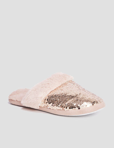 Chaussons mules sequins et fourrure jaune or femme
