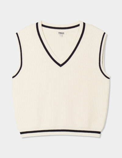 Pull sans manches col en V blanc femme