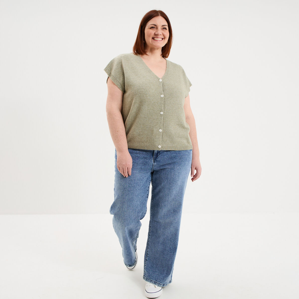 Gilet manches courtes boutonn&eacute; vert kaki femme grande taille