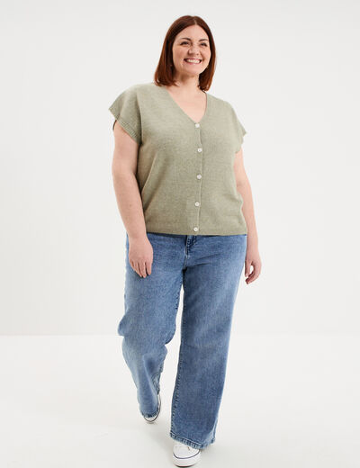 Gilet manches courtes boutonn&eacute; vert kaki femme grande taille