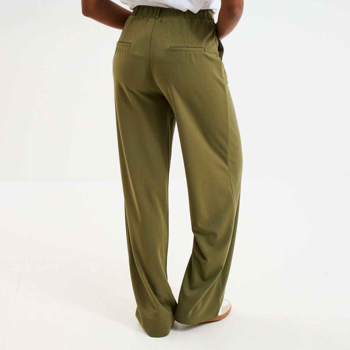 Pantalon large fluide taille élastiquée vert kaki femme