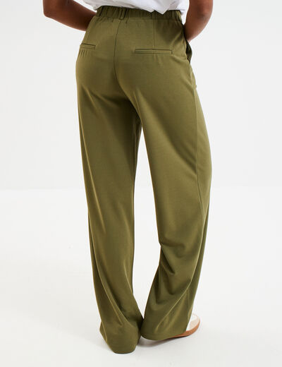 Pantalon large fluide taille élastiquée vert kaki femme