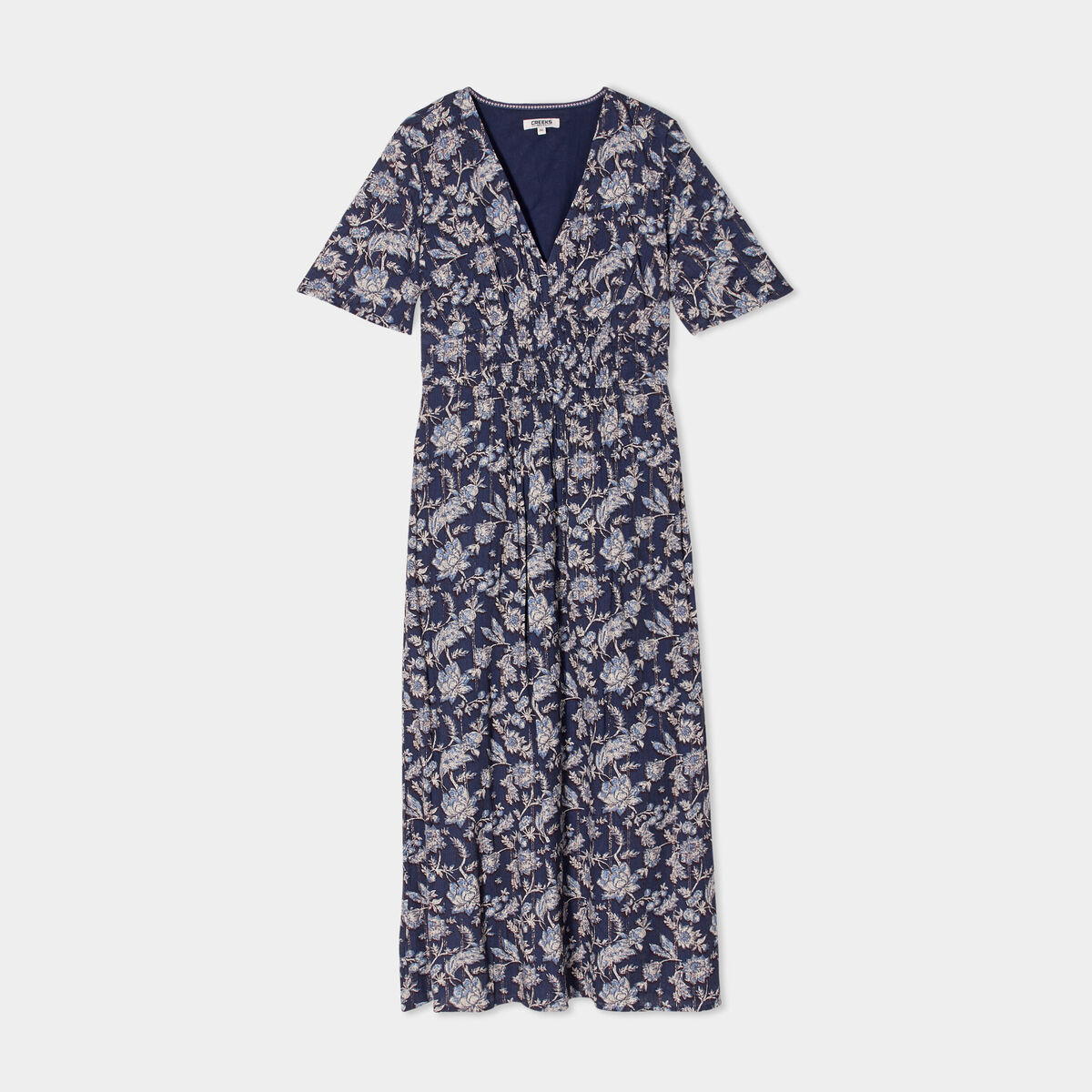 Robe longue empire taille smockée Creeks bleu marine femme