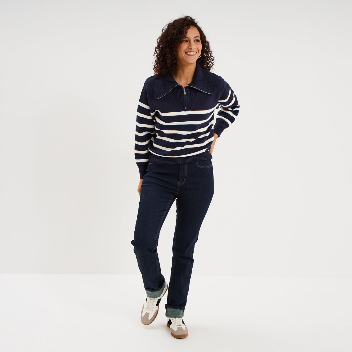 Pull col camionneur zipp&eacute; bleu marine femme