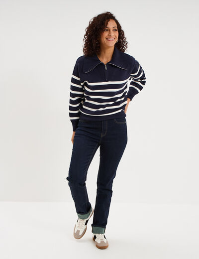 Pull col camionneur zipp&eacute; bleu marine femme