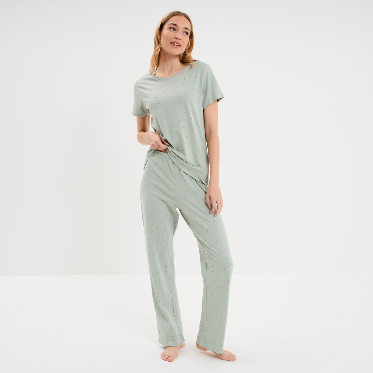 Ensemble pyjama t-shirt pantalon coton vert pastel femme