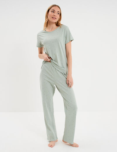 Ensemble pyjama t-shirt pantalon coton vert pastel femme