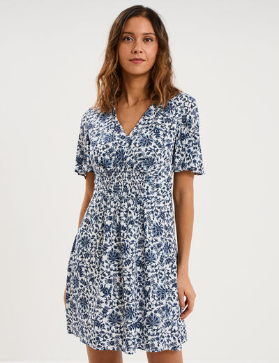 Robe courte col en V taille smock&eacute;e blanc femme