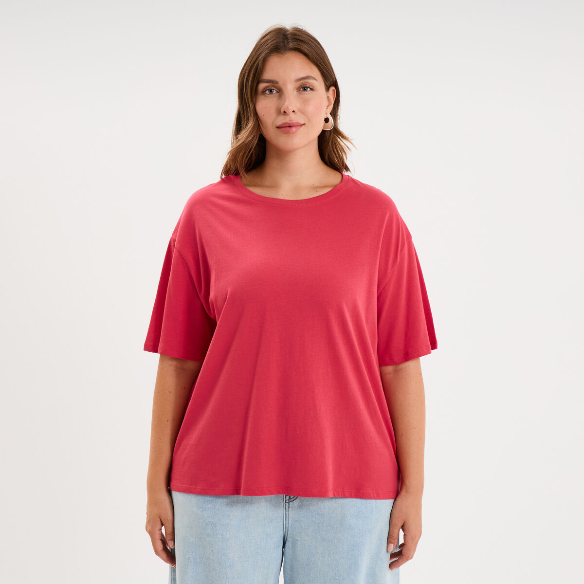 T-shirt col rond manches courtes coton rose cerise femme grande taille