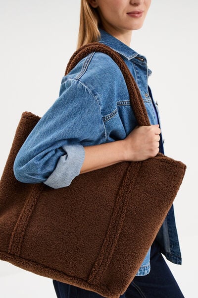 Sac shopper effet polaire marron fonc&eacute; femme