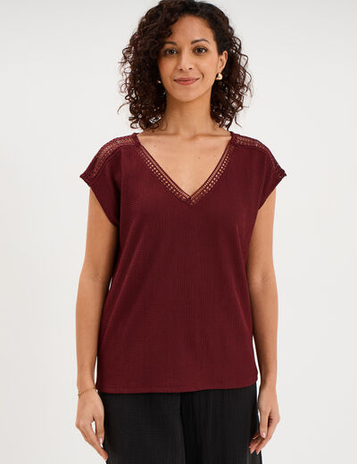 T-shirt col en V manches courtes bordeaux femme