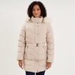 Doudoune mi-longue ceintur&eacute;e &agrave; capuche beige femme