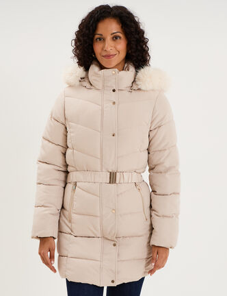 Doudoune mi-longue ceintur&eacute;e &agrave; capuche beige femme